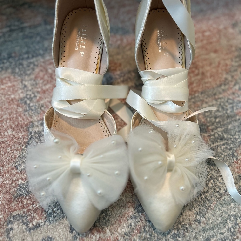 Kailee P Satin Ivory Heels with Tulle Bow
